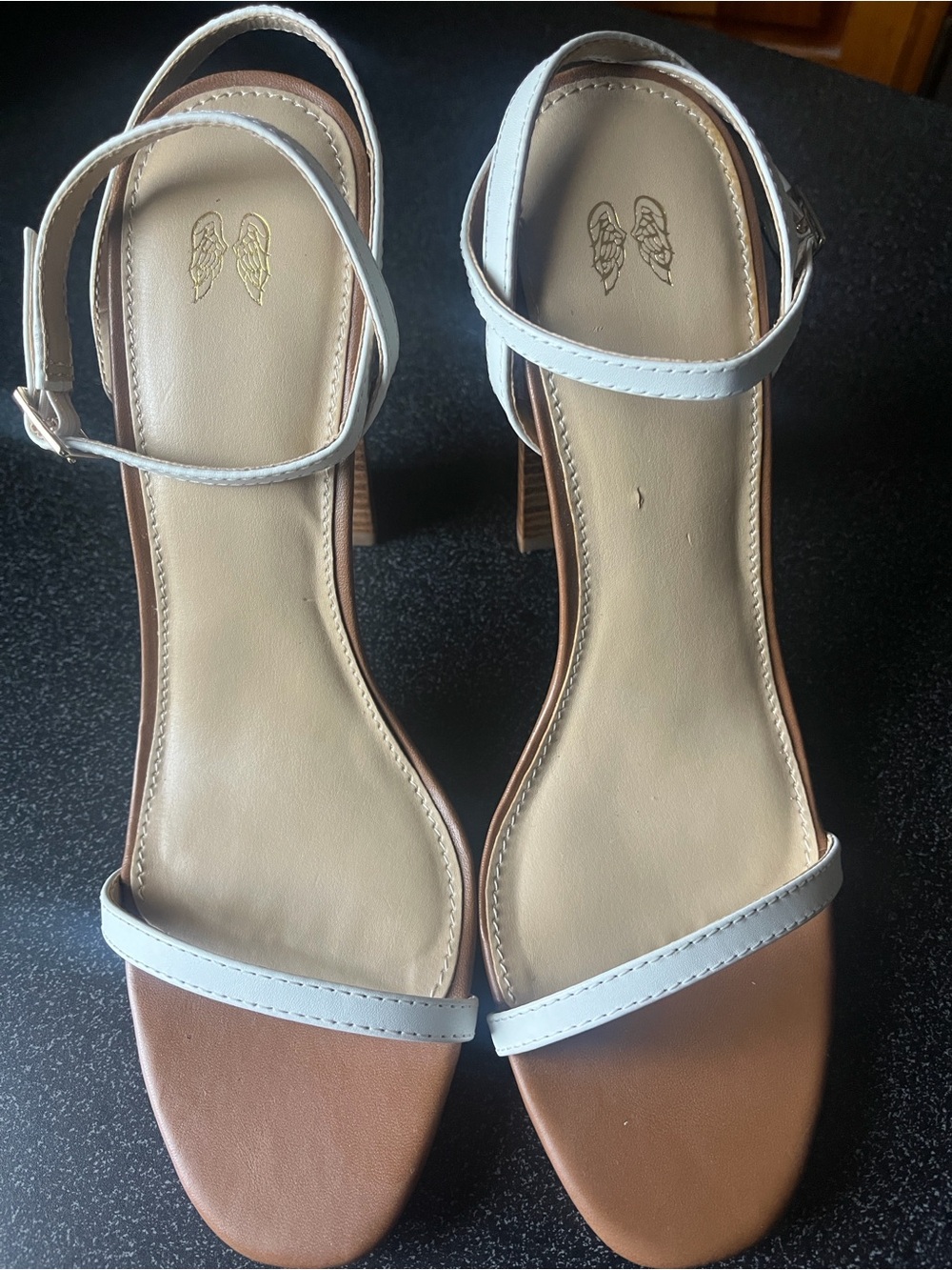 Women’s Two-Tone White and Tan Strappy Block Heel Sandals (Express)
